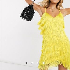 NWT Lavish Alice Chevron Fringe Mini Dress Acid Yellow Size 14